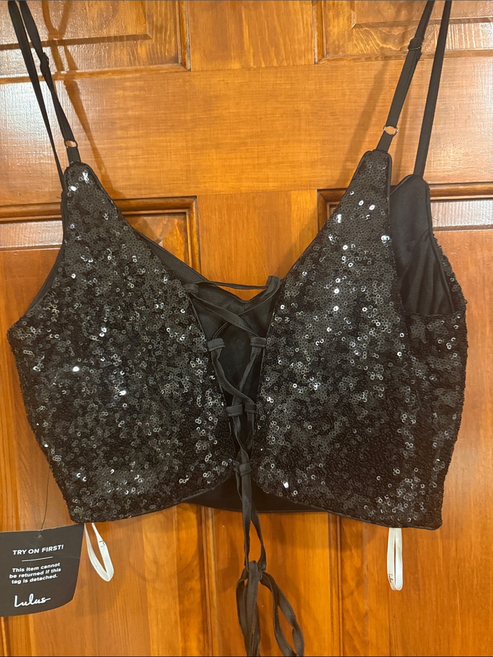 Lulu's Black Sequin Cropped Cami & Wide-Leg Pants - Picture 7 of 8